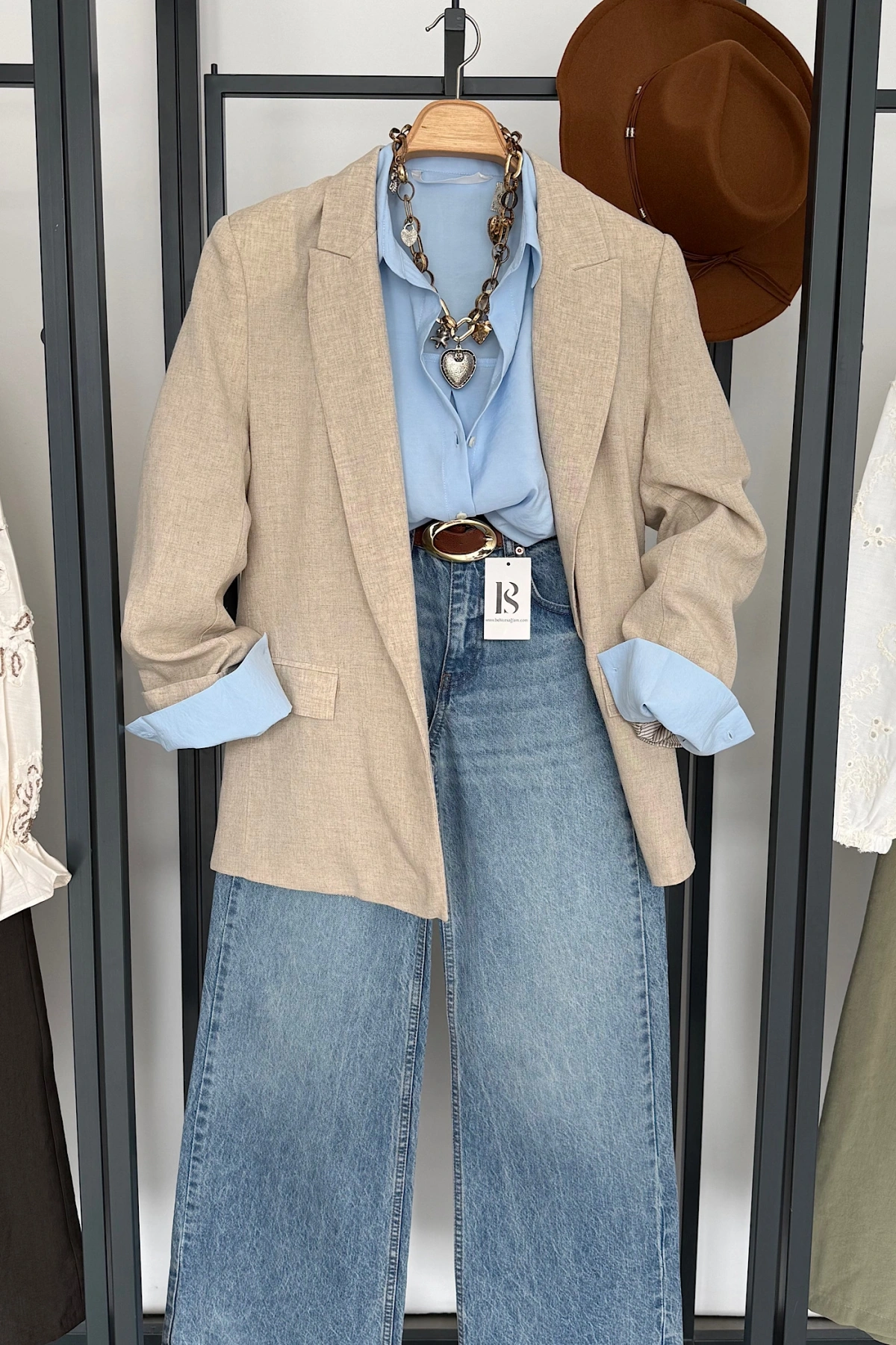 Kruvaze Keten Ceket Krem