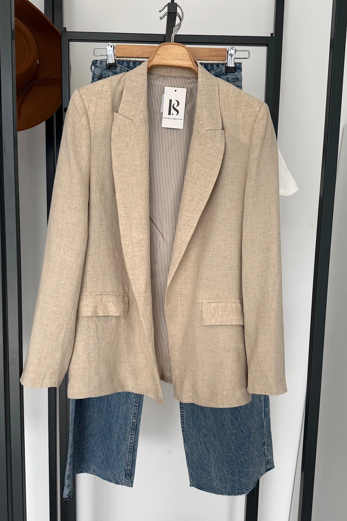 Kruvaze Keten Ceket Krem