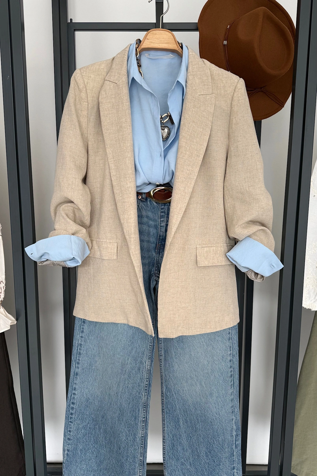 Kruvaze Keten Ceket Krem