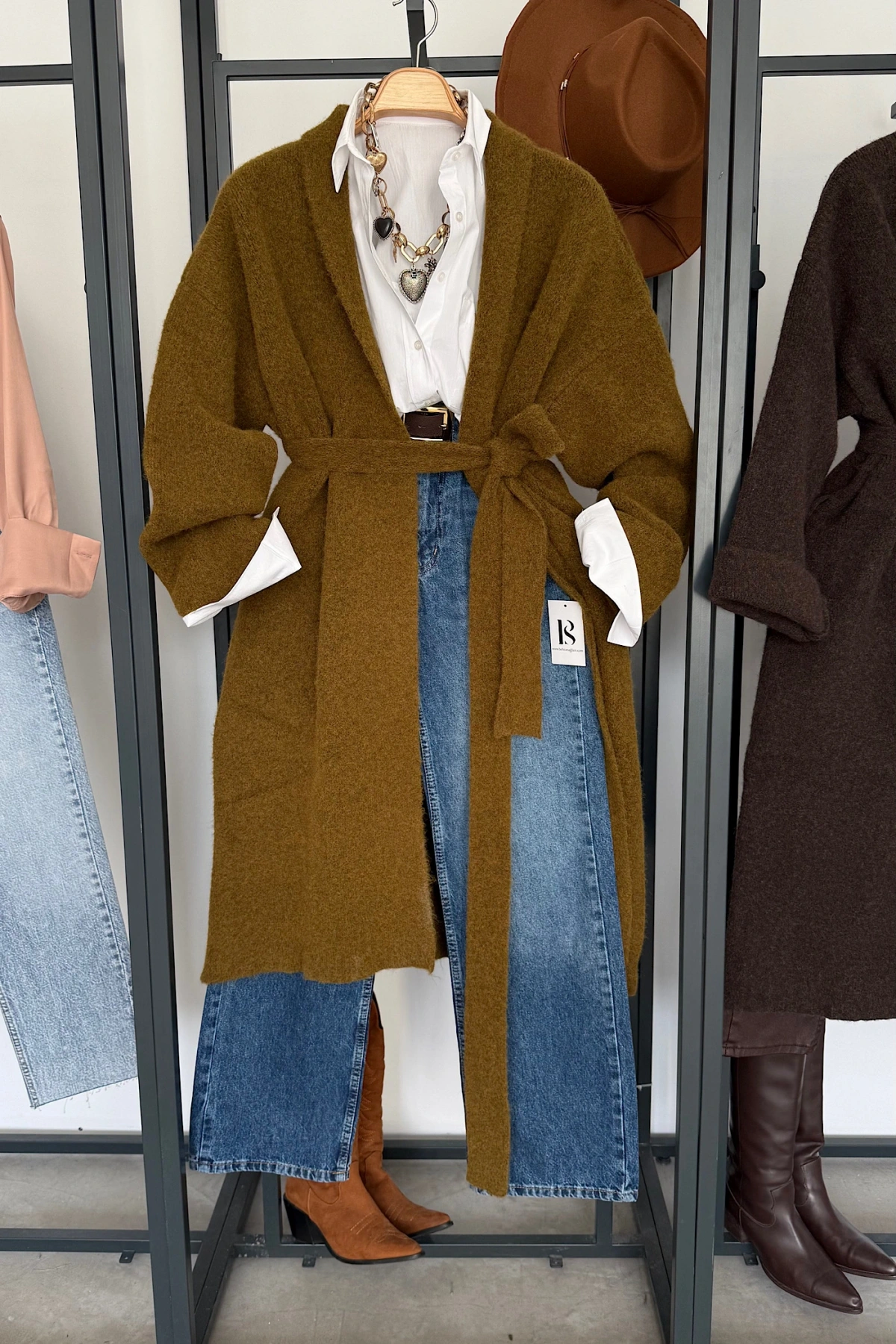 Kuşaklı Oversize Hırka Haki