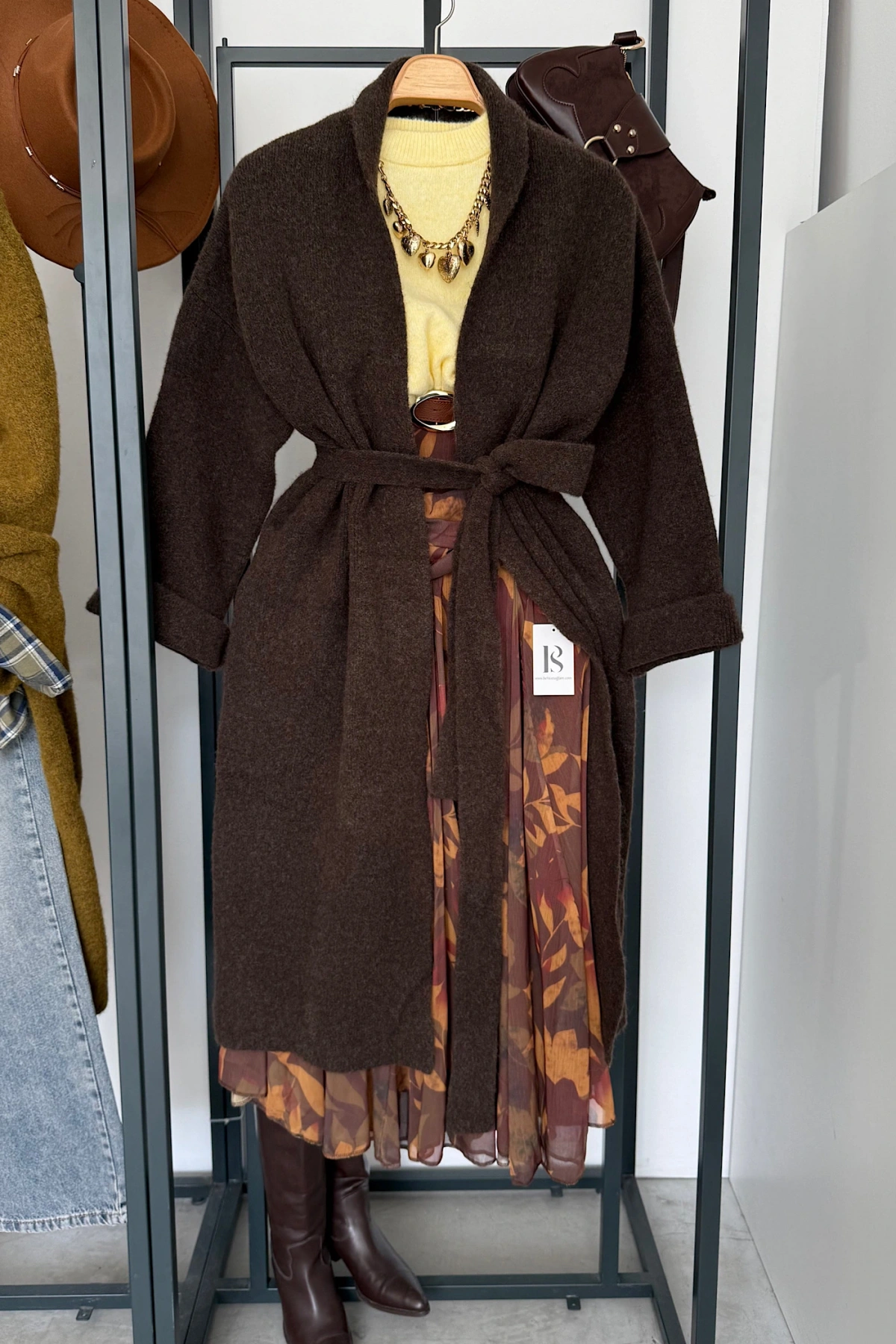 Kuşaklı Oversize Hırka Kahverengi