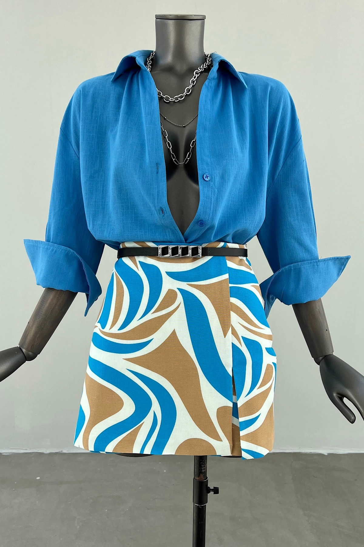 Blue Patterned Short Skirt