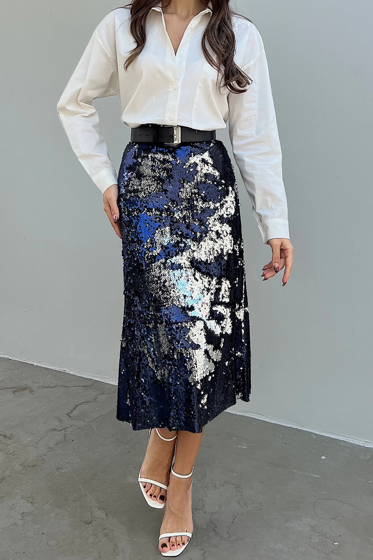 Sequined Midi Skirt /  Navy