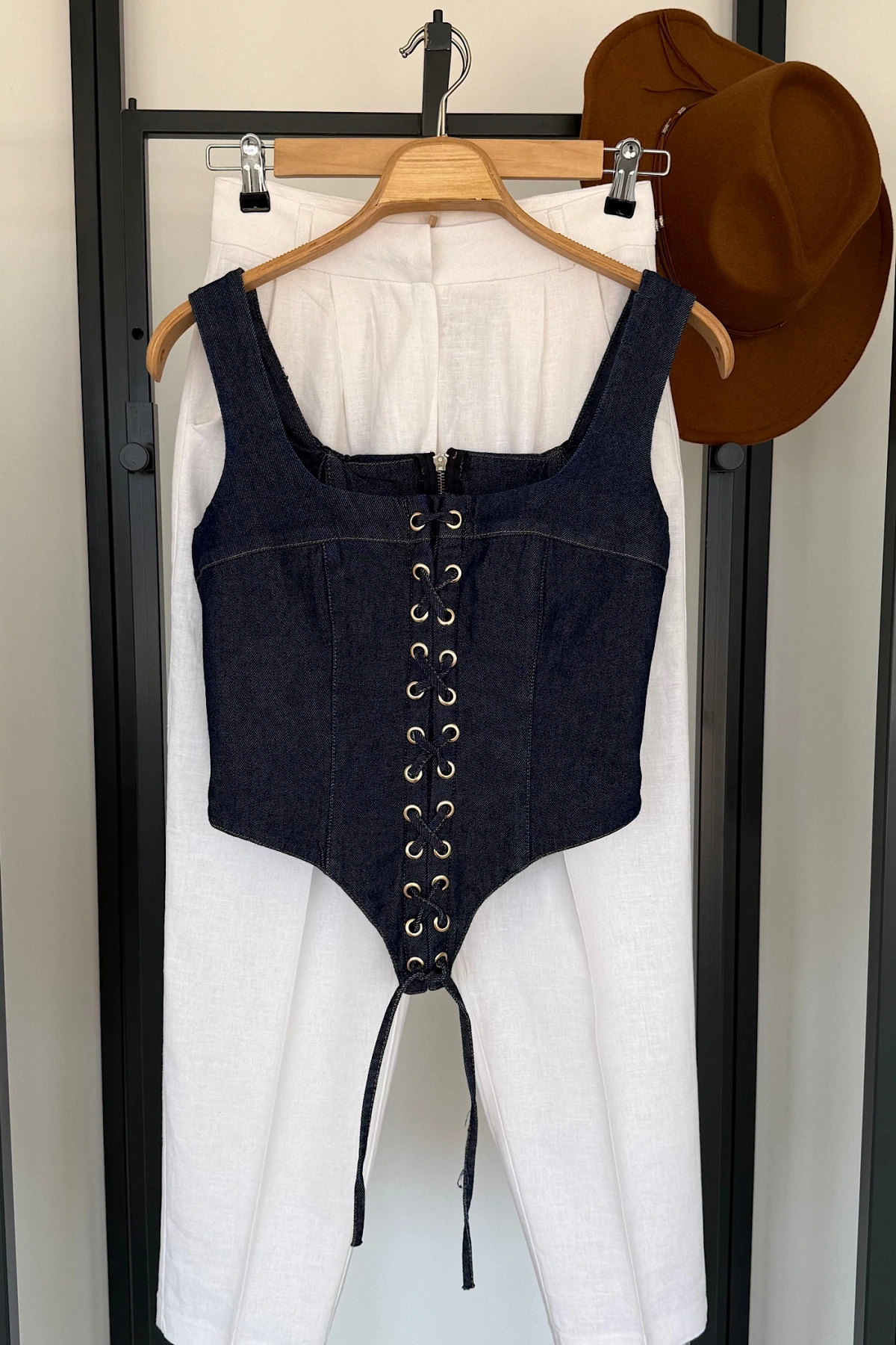 Ön Bağcıklı Denim Korse Büstiyer