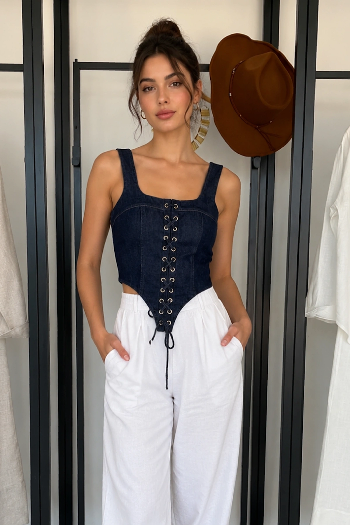 Ön Bağcıklı Denim Korse Büstiyer