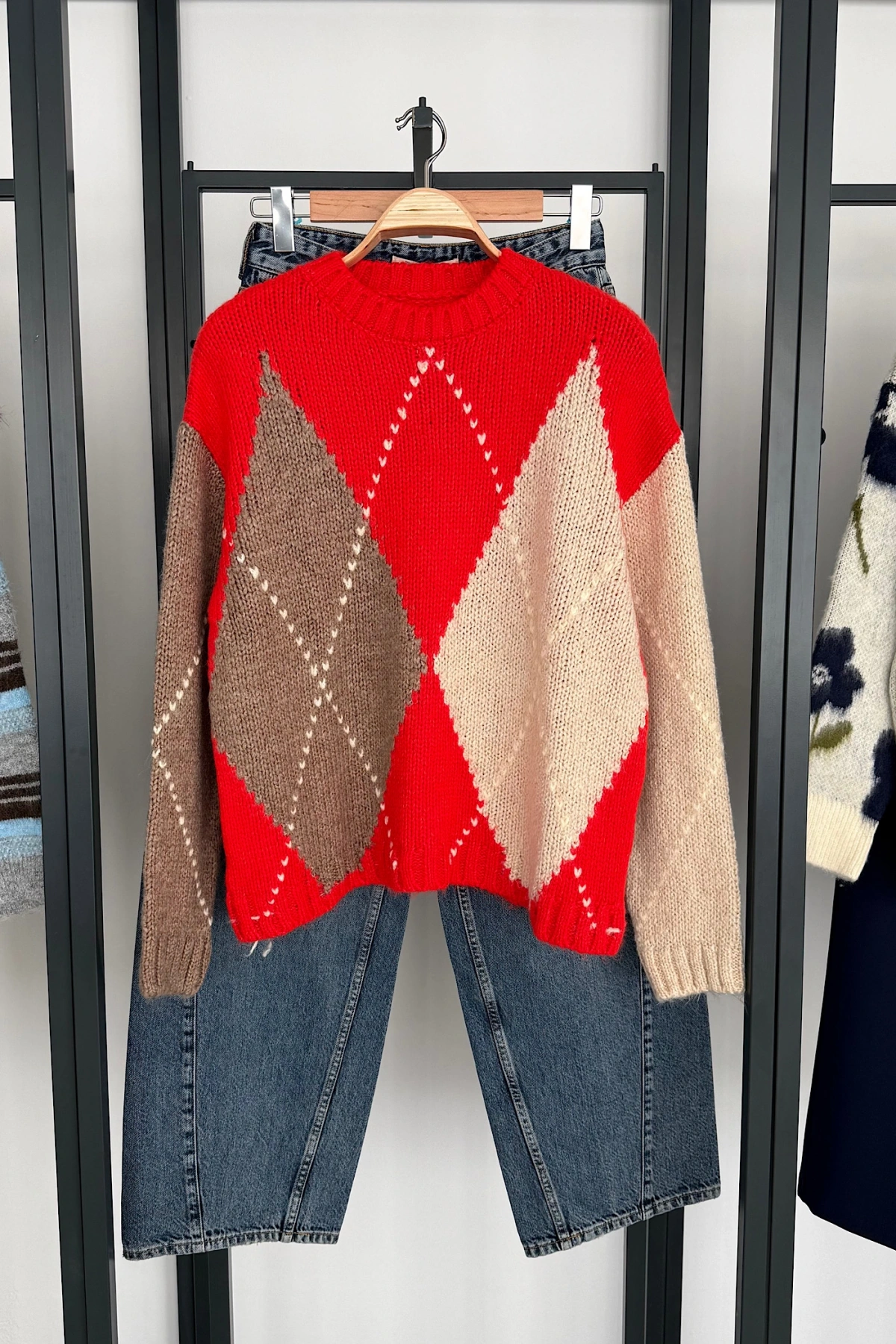 Oversize Baklava Desen Triko Kazak Orange