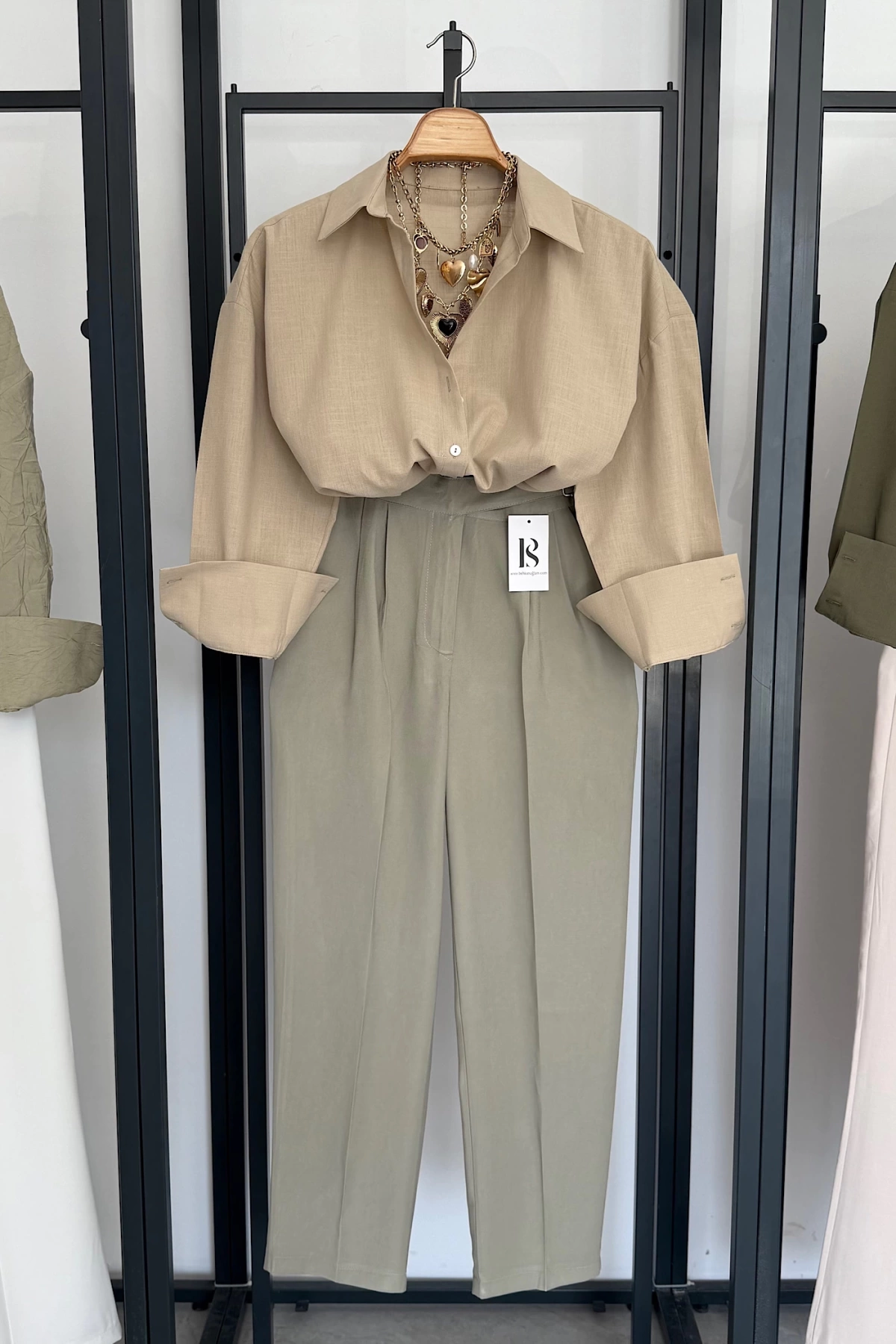 Oversize Basic Keten Gömlek Bej
