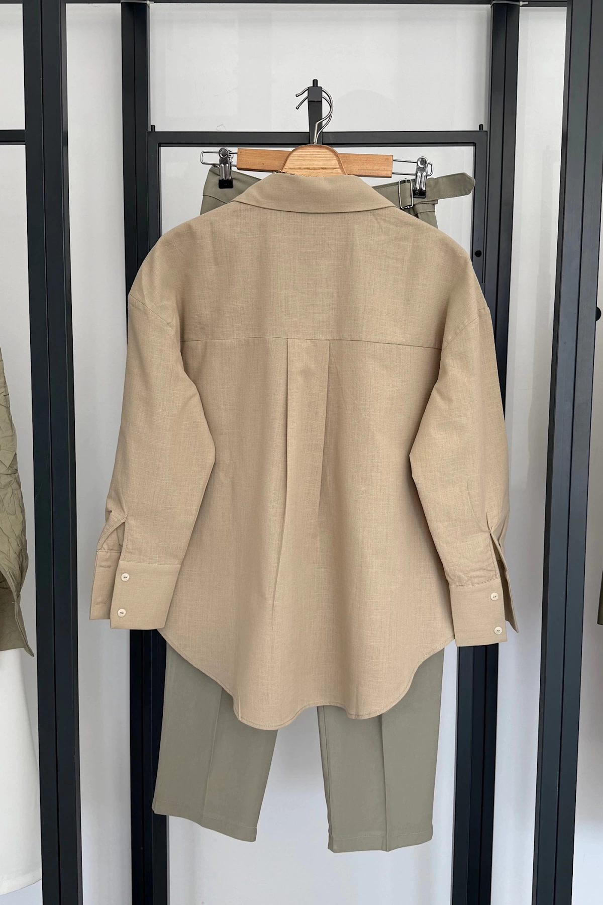 Oversize Basic Keten Gömlek Bej