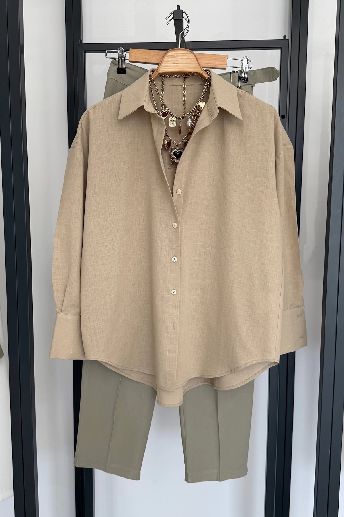 Oversize Basic Keten Gömlek Bej