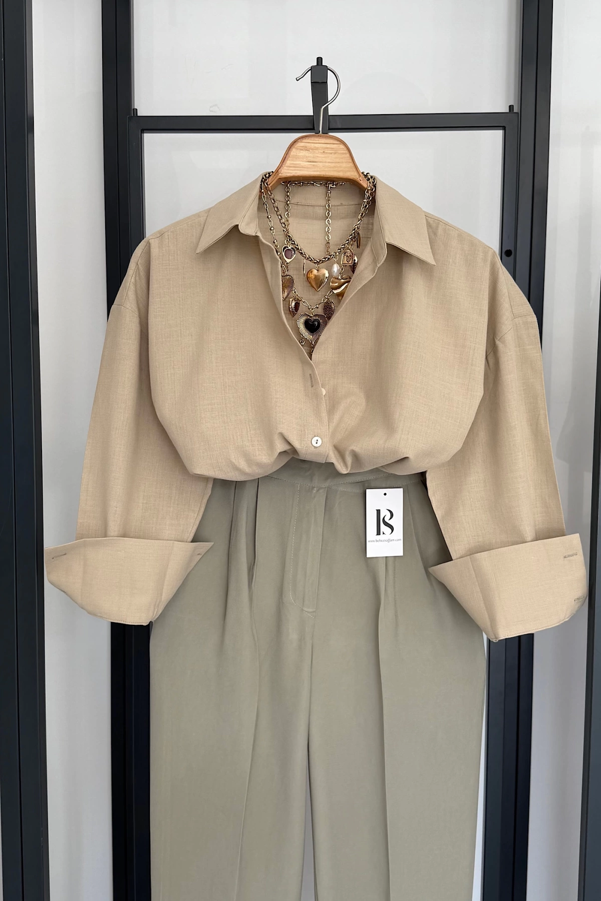Oversize Basic Keten Gömlek Bej