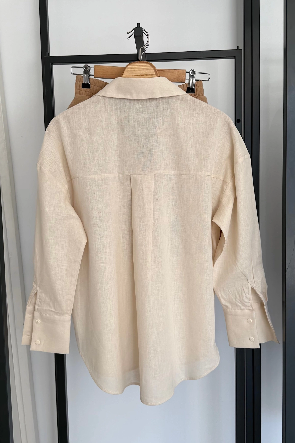 Oversize Basic Keten Gömlek Krem