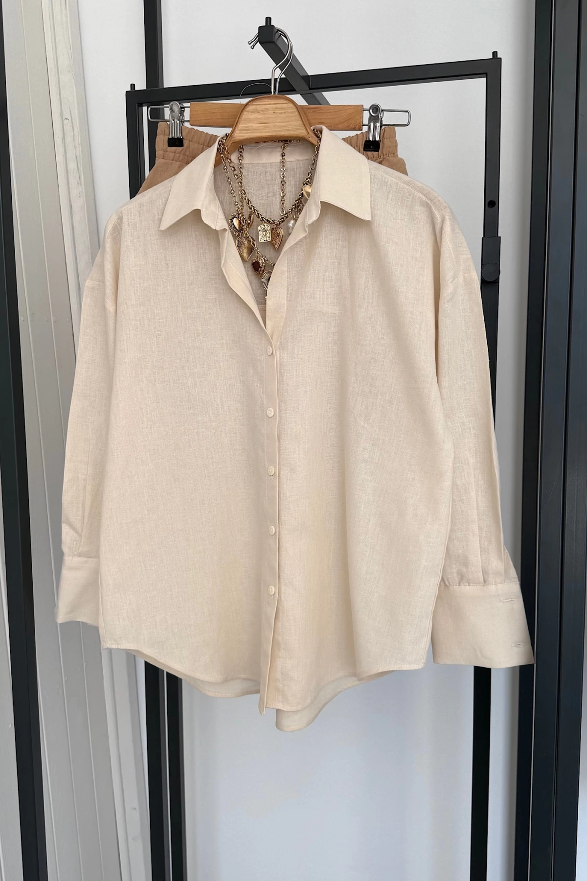 Oversize Basic Keten Gömlek Krem