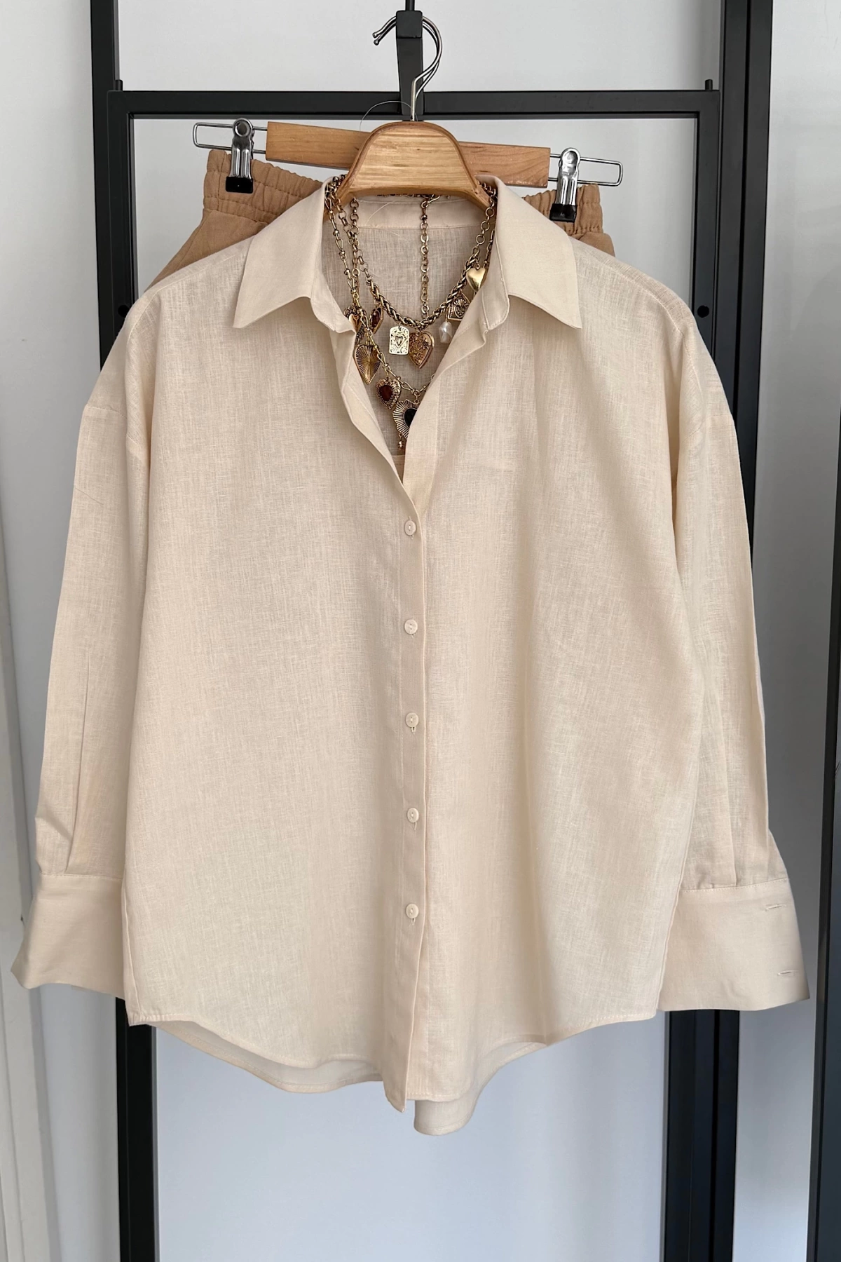 Oversize Basic Keten Gömlek Krem