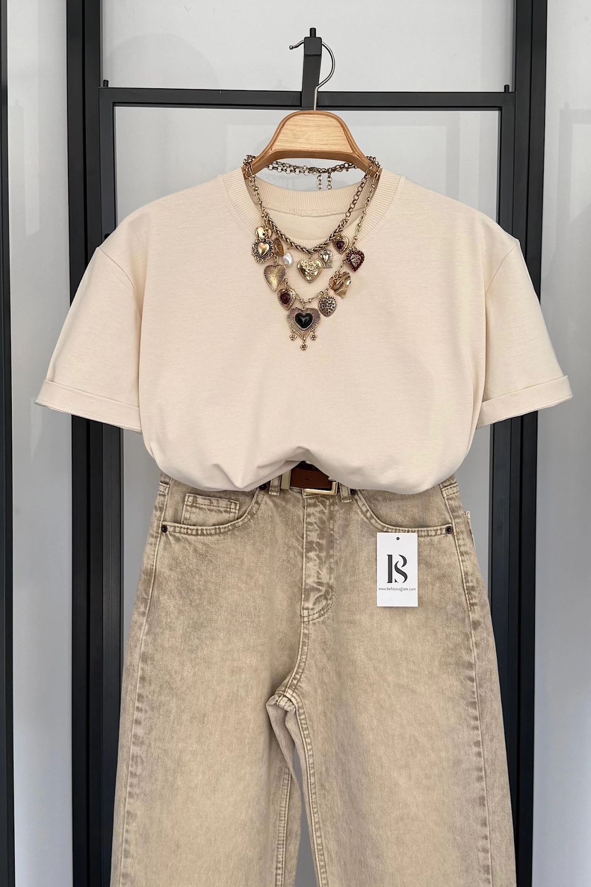 Oversize Bisiklet Yaka Kısa Kol T-Shirt Ekru