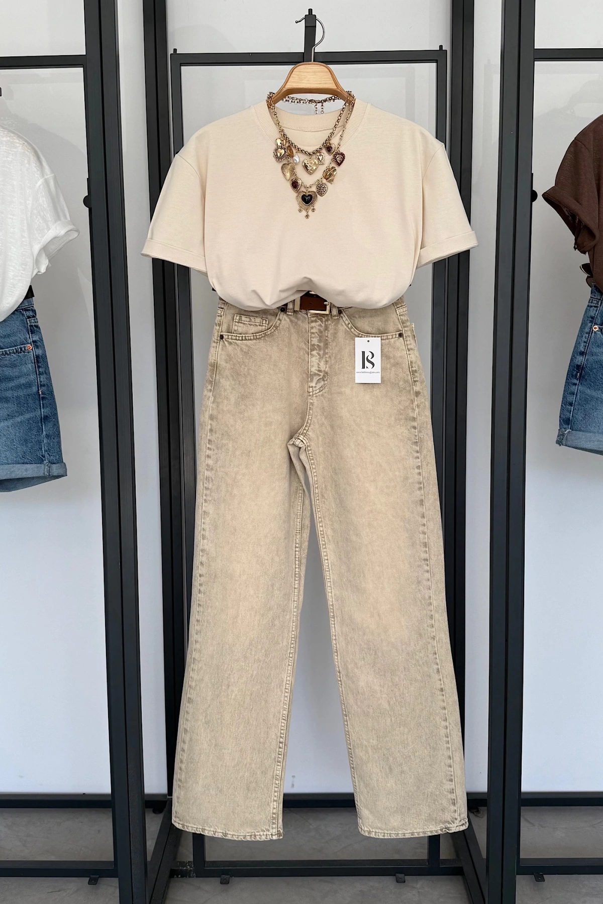 Oversize Bisiklet Yaka Kısa Kol T-Shirt Ekru