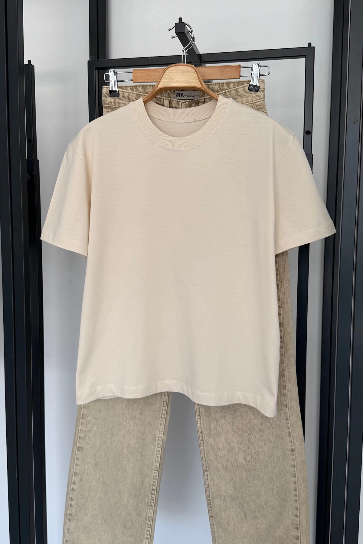 Oversize Bisiklet Yaka Kısa Kol T-Shirt Ekru