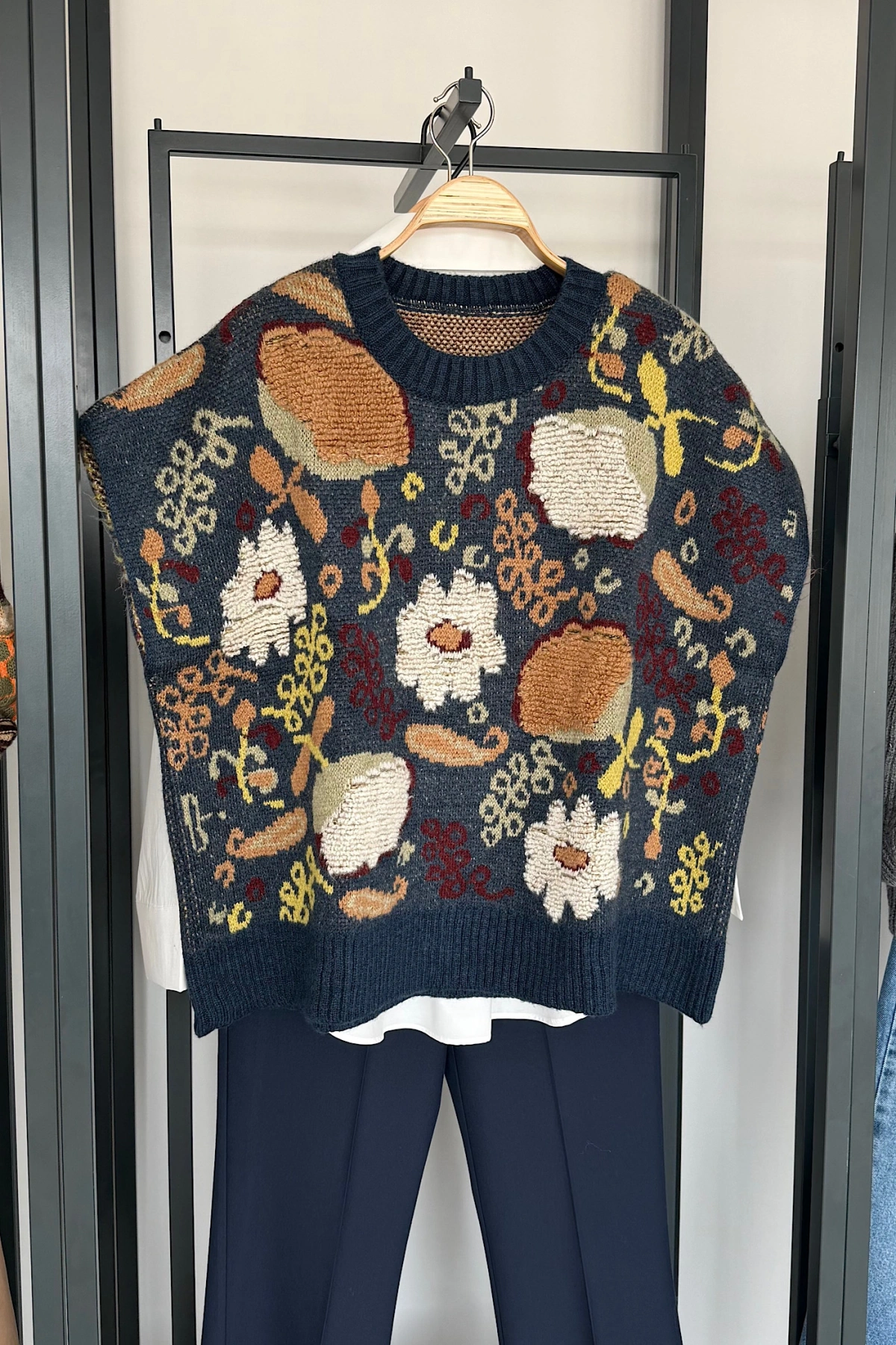 Oversize Çiçek Dokulu Süveter Antrasit