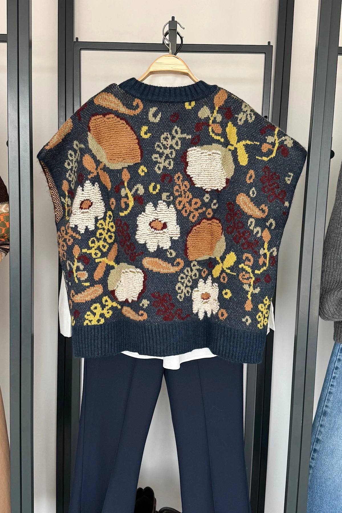 Oversize Çiçek Dokulu Süveter Antrasit