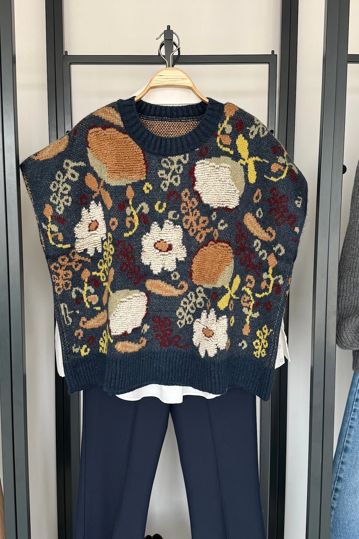 Oversize Çiçek Dokulu Süveter Antrasit