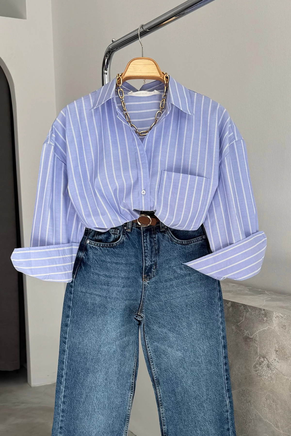 Oversize Çizgili Poplin Gömlek Açık Mavi