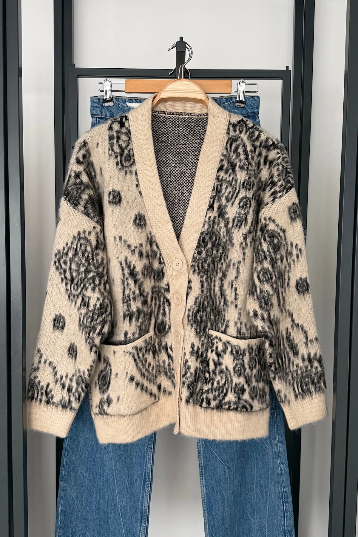 Oversize Desenli Hırka Ekru