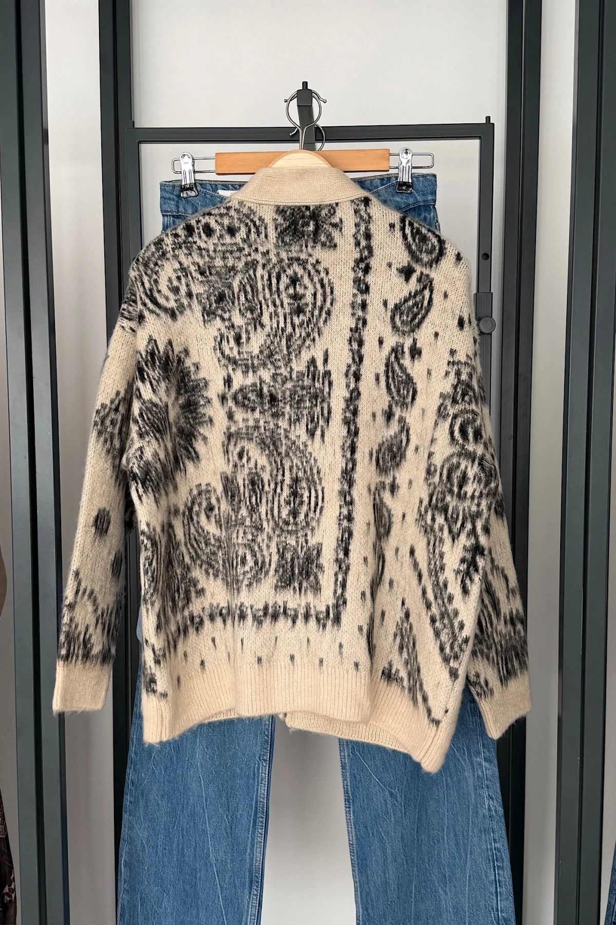 Oversize Desenli Hırka Ekru
