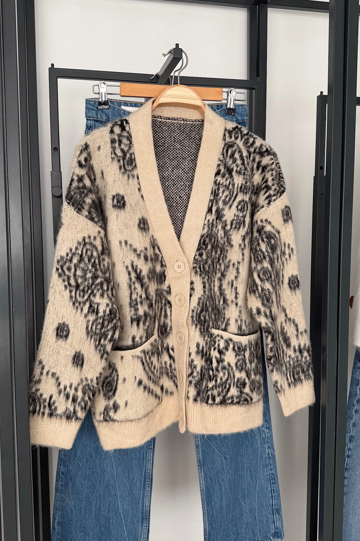 Oversize Desenli Hırka Ekru