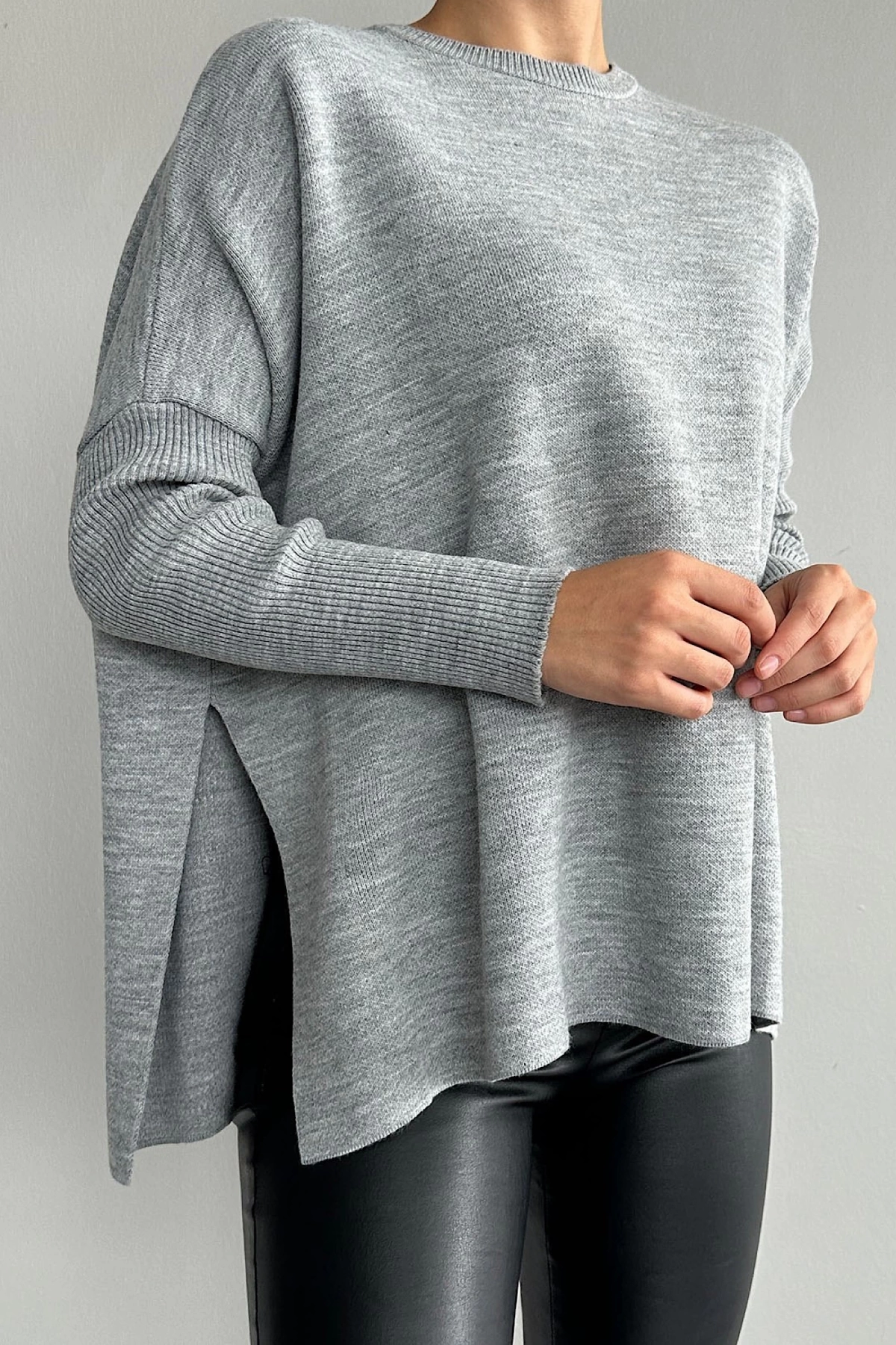 Oversize Düz Kazak Gri
