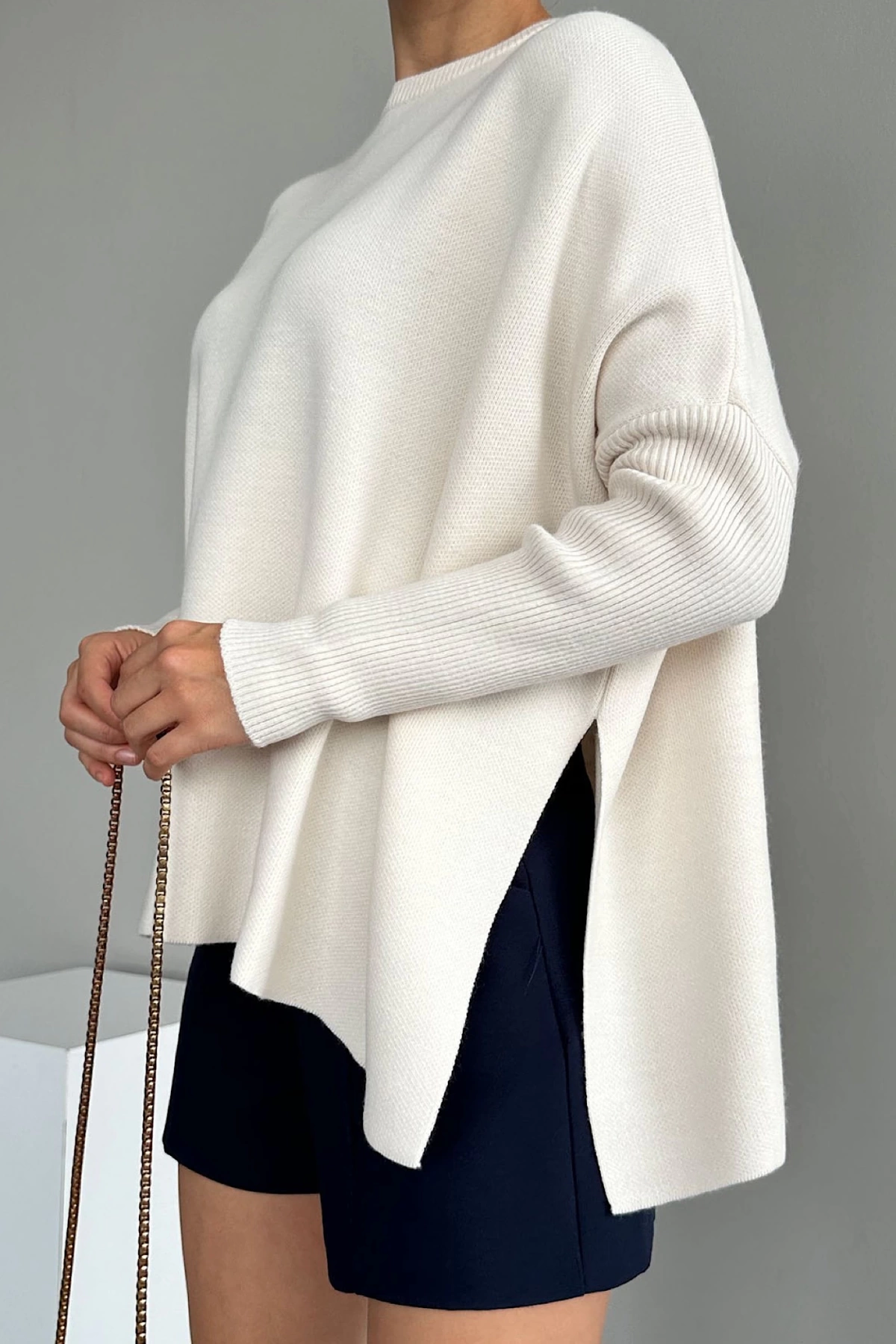 Oversize Düz Kazak Krem