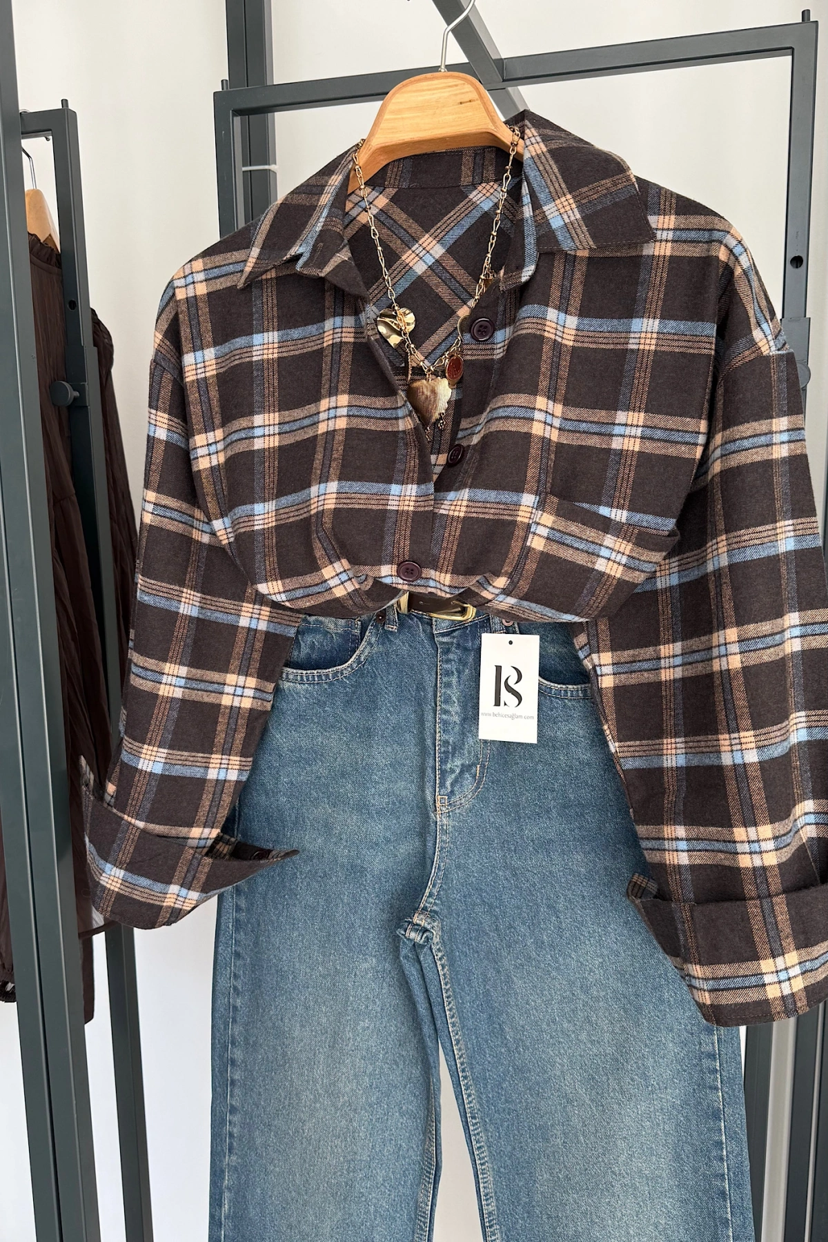 Oversize Ekose Gömlek Acı Kahve