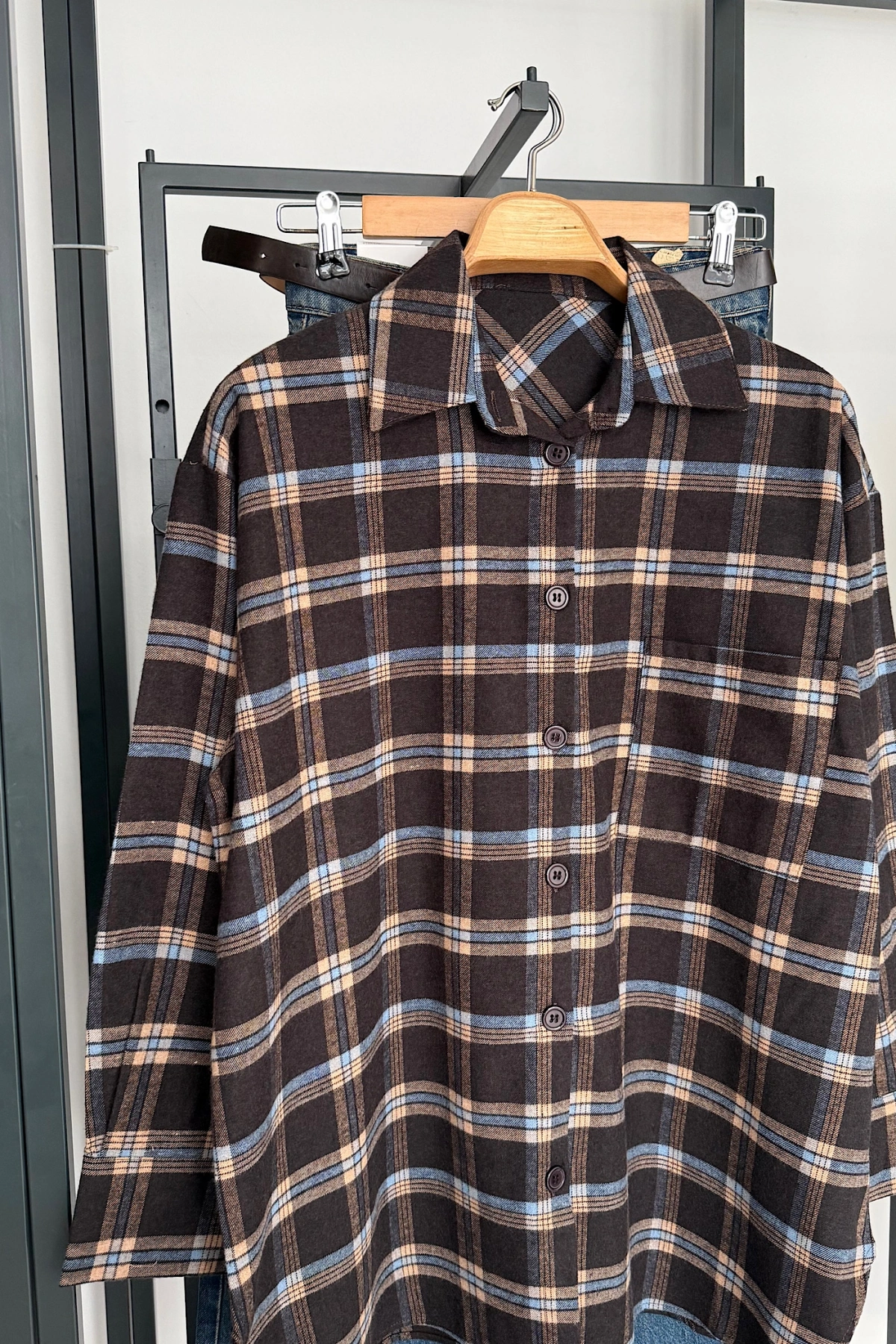 Oversize Ekose Gömlek Acı Kahve