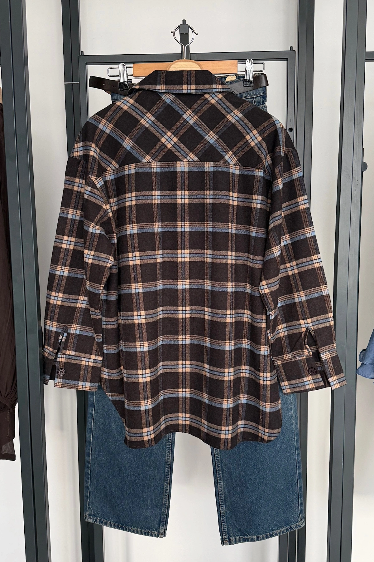 Oversize Ekose Gömlek Acı Kahve