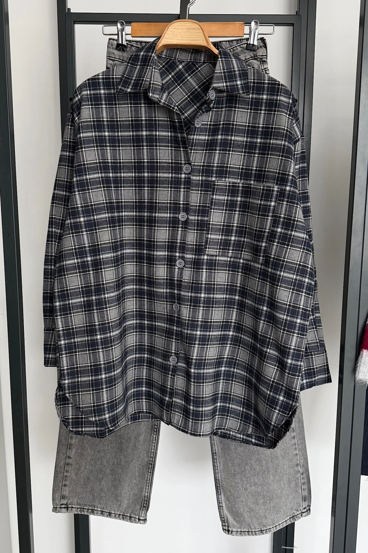 Oversize Ekose Gömlek Antrasit