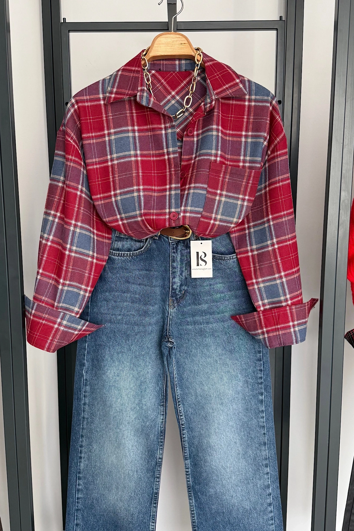 Oversize Ekose Gömlek Bordo