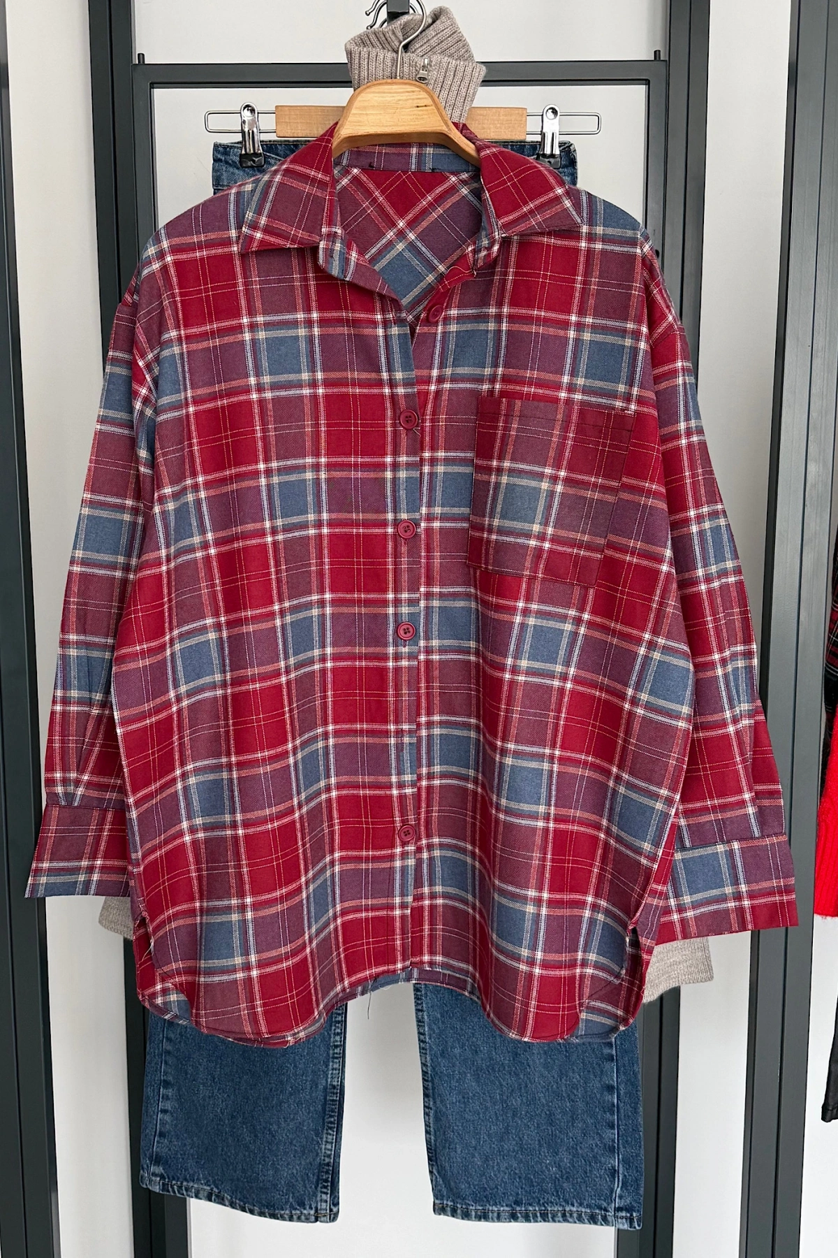 Oversize Ekose Gömlek Bordo