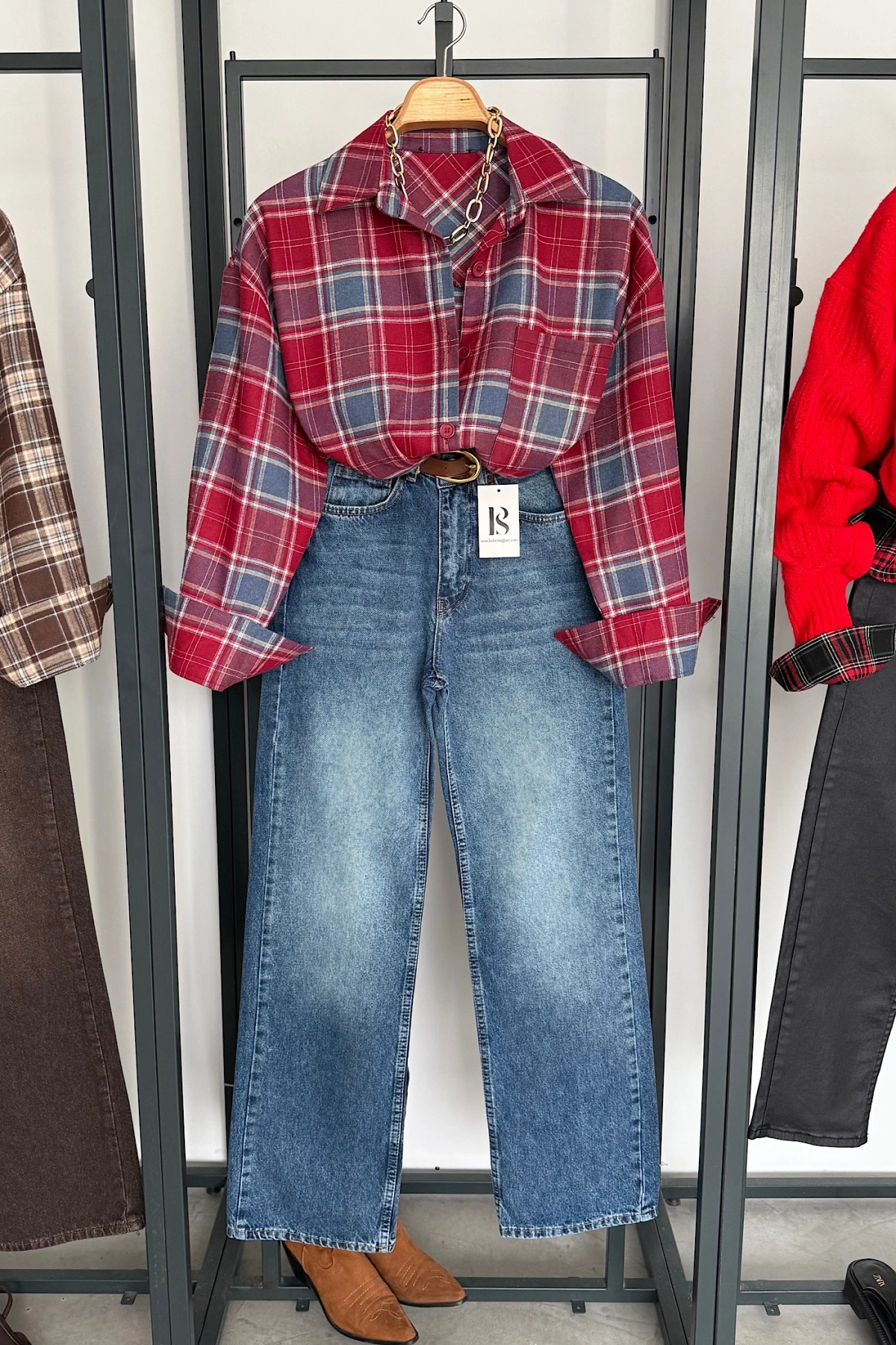 Oversize Ekose Gömlek Bordo