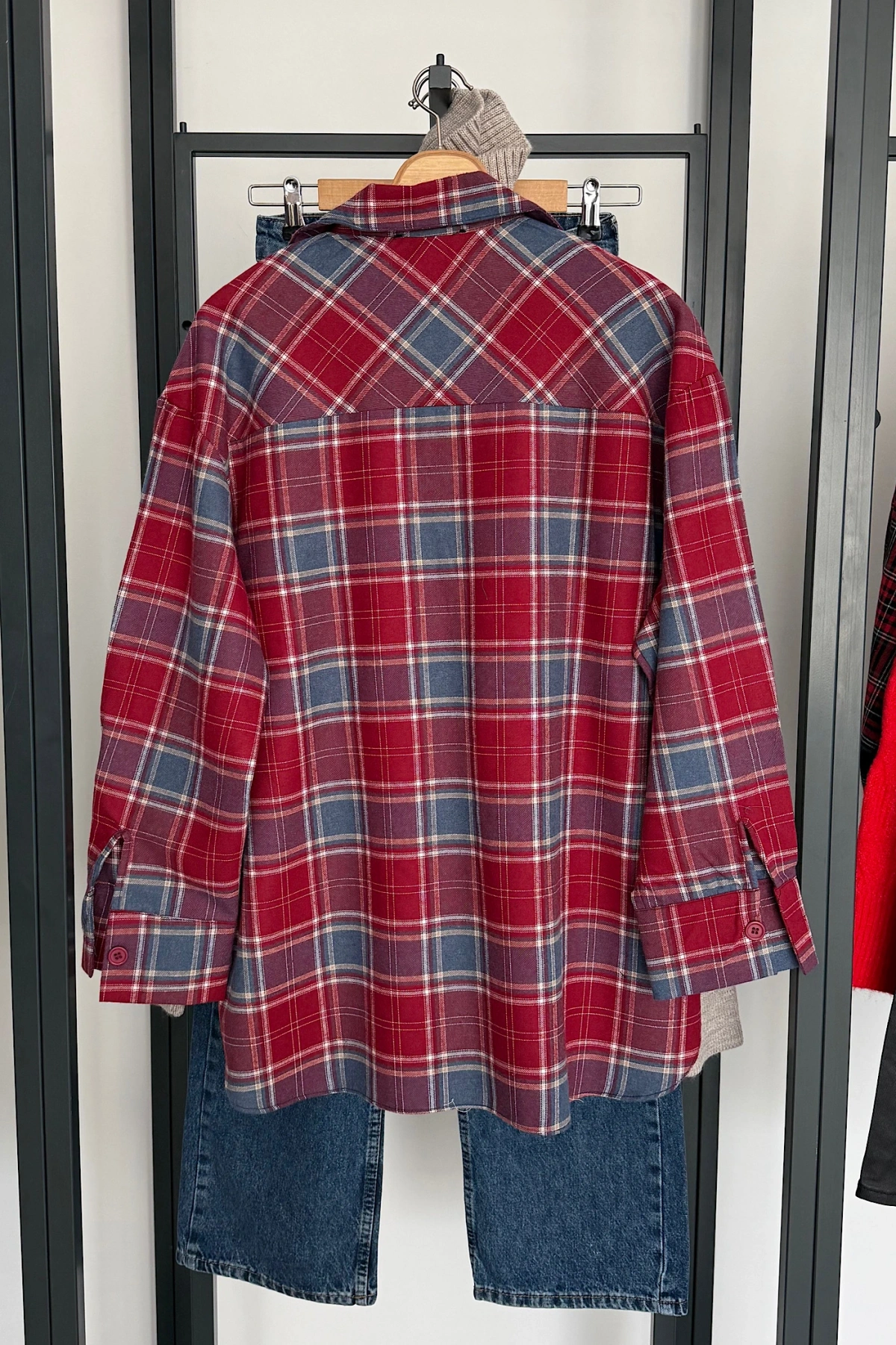 Oversize Ekose Gömlek Bordo