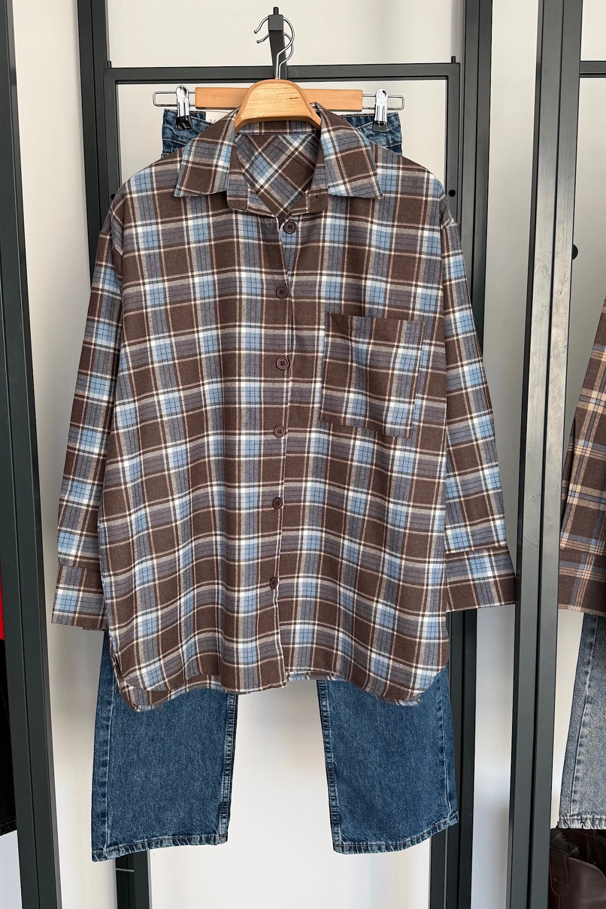 Oversize Ekose Gömlek Kahve-Mavi