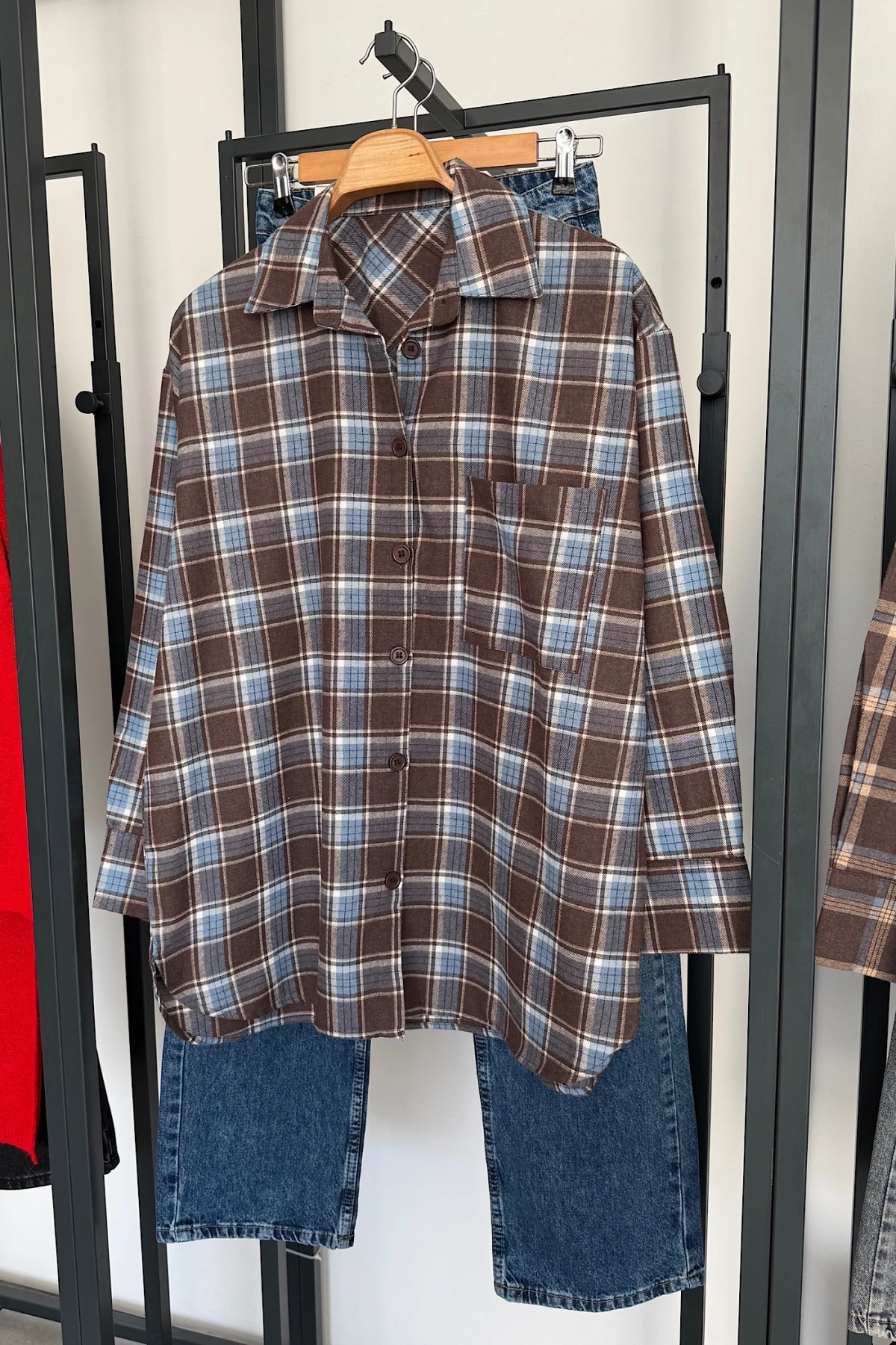 Oversize Ekose Gömlek Kahve-Mavi