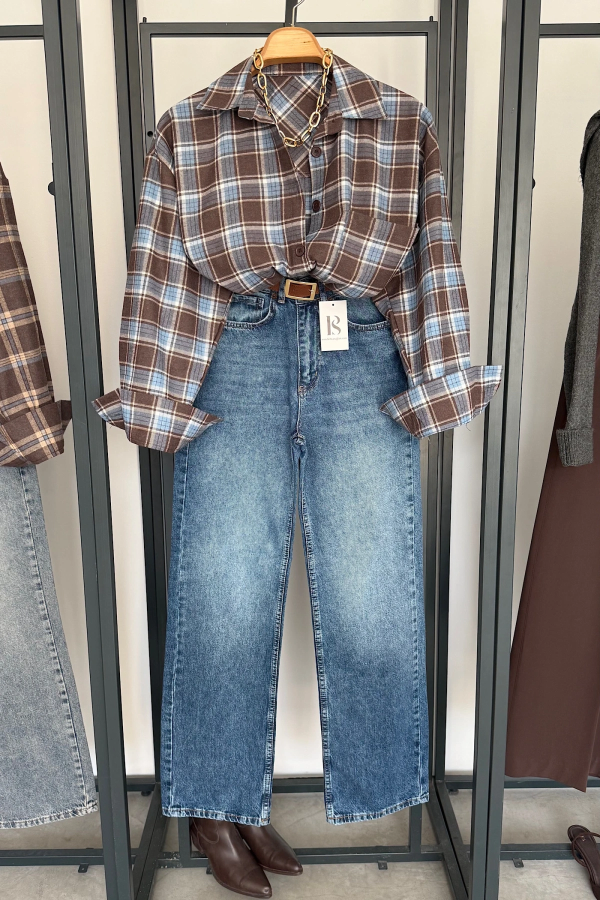 Oversize Ekose Gömlek Kahve-Mavi