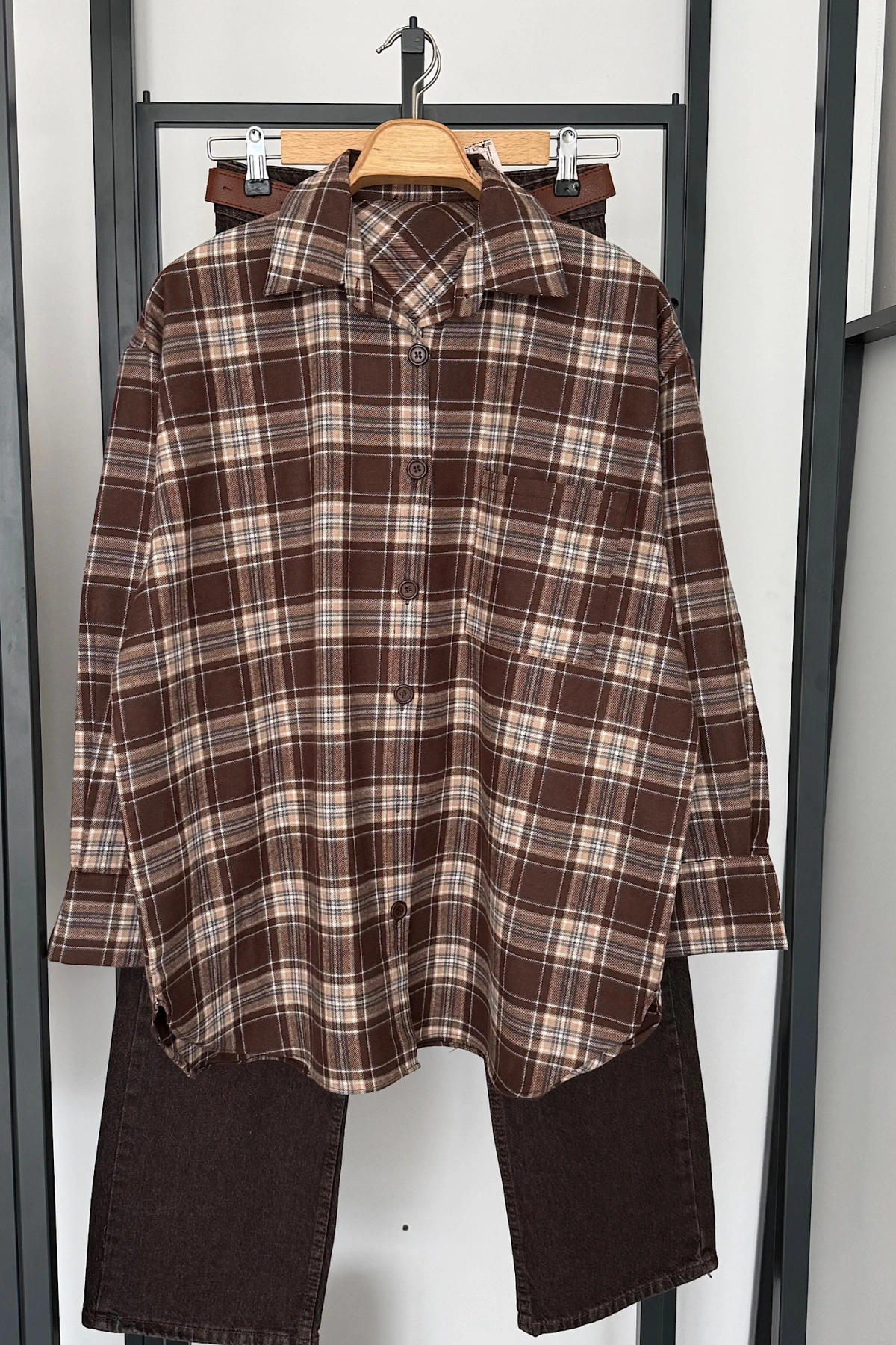 Oversize Ekose Gömlek Kahverengi