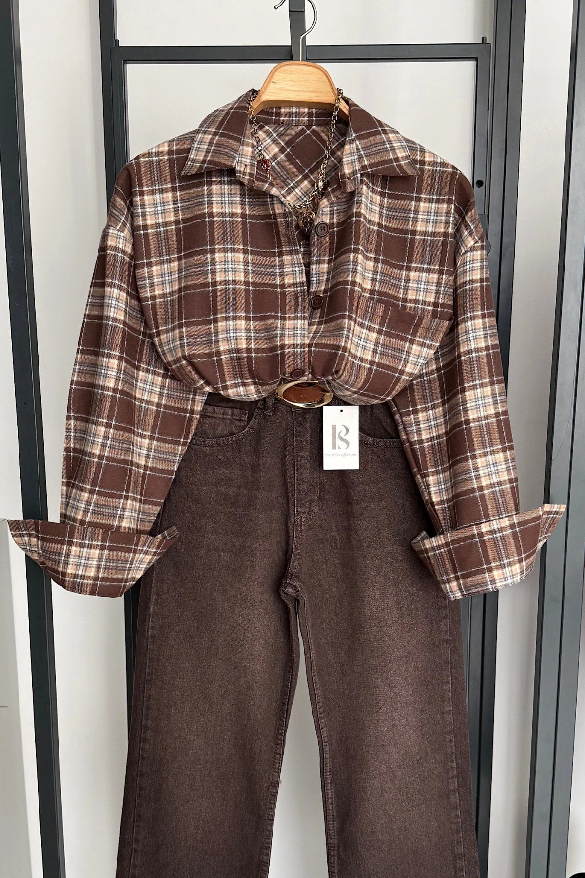 Oversize Ekose Gömlek Kahverengi