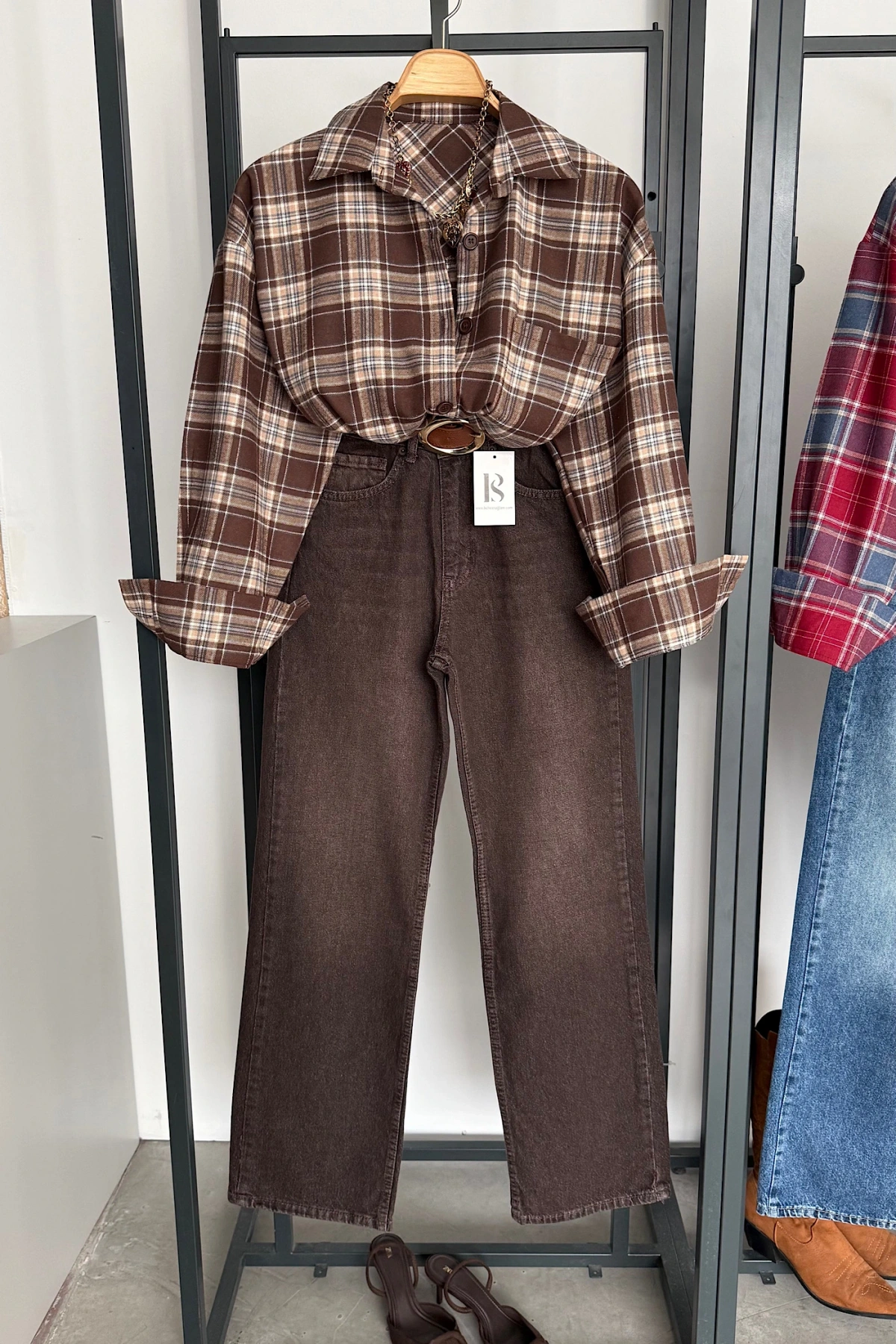 Oversize Ekose Gömlek Kahverengi