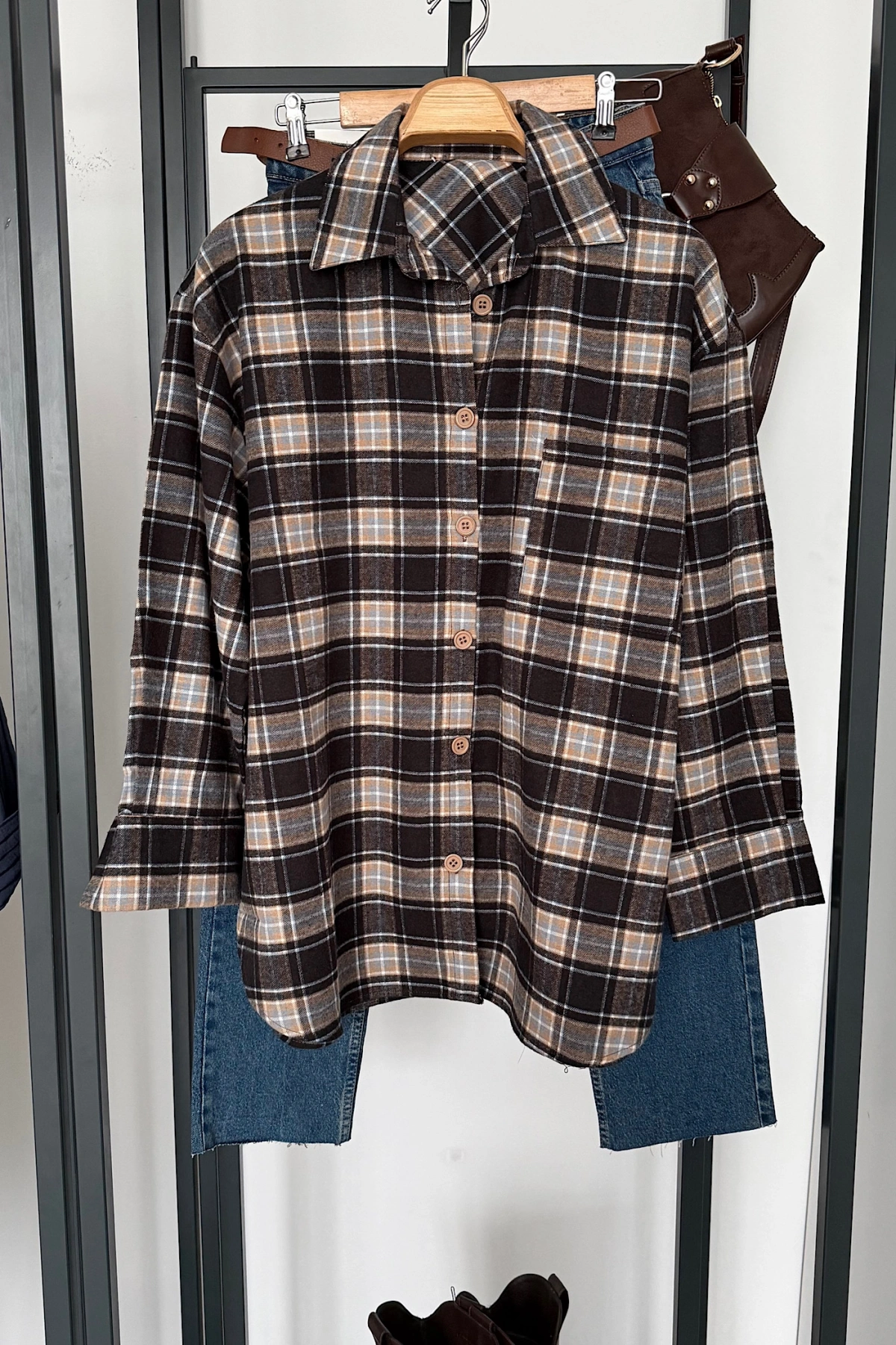 Oversize Ekose Gömlek Karışık Desen