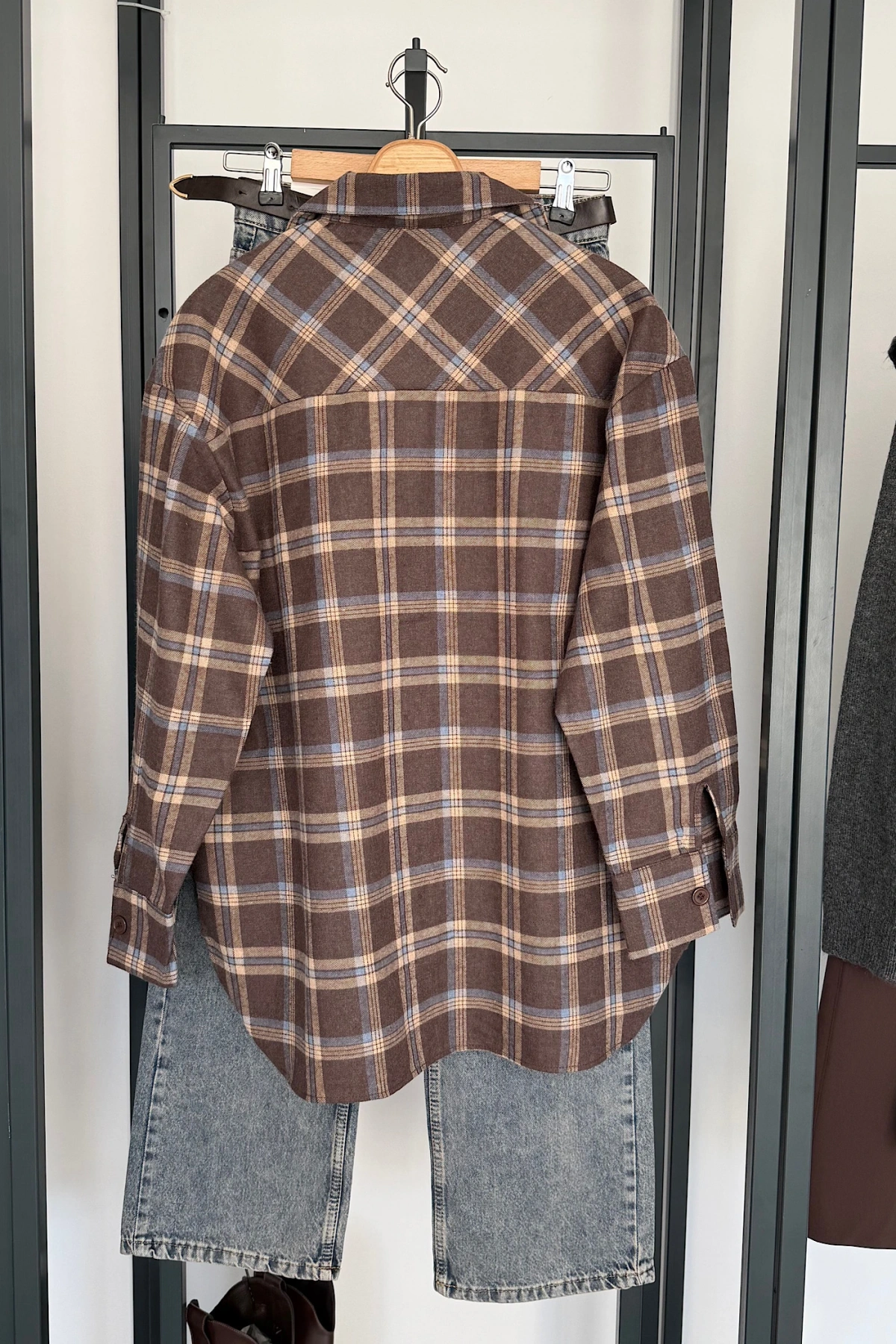 Oversize Ekose Gömlek Koyu Kahve