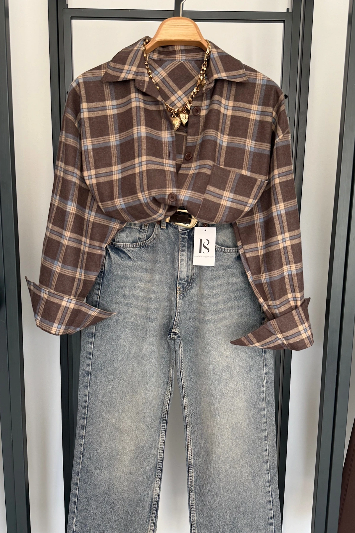 Oversize Ekose Gömlek Koyu Kahve