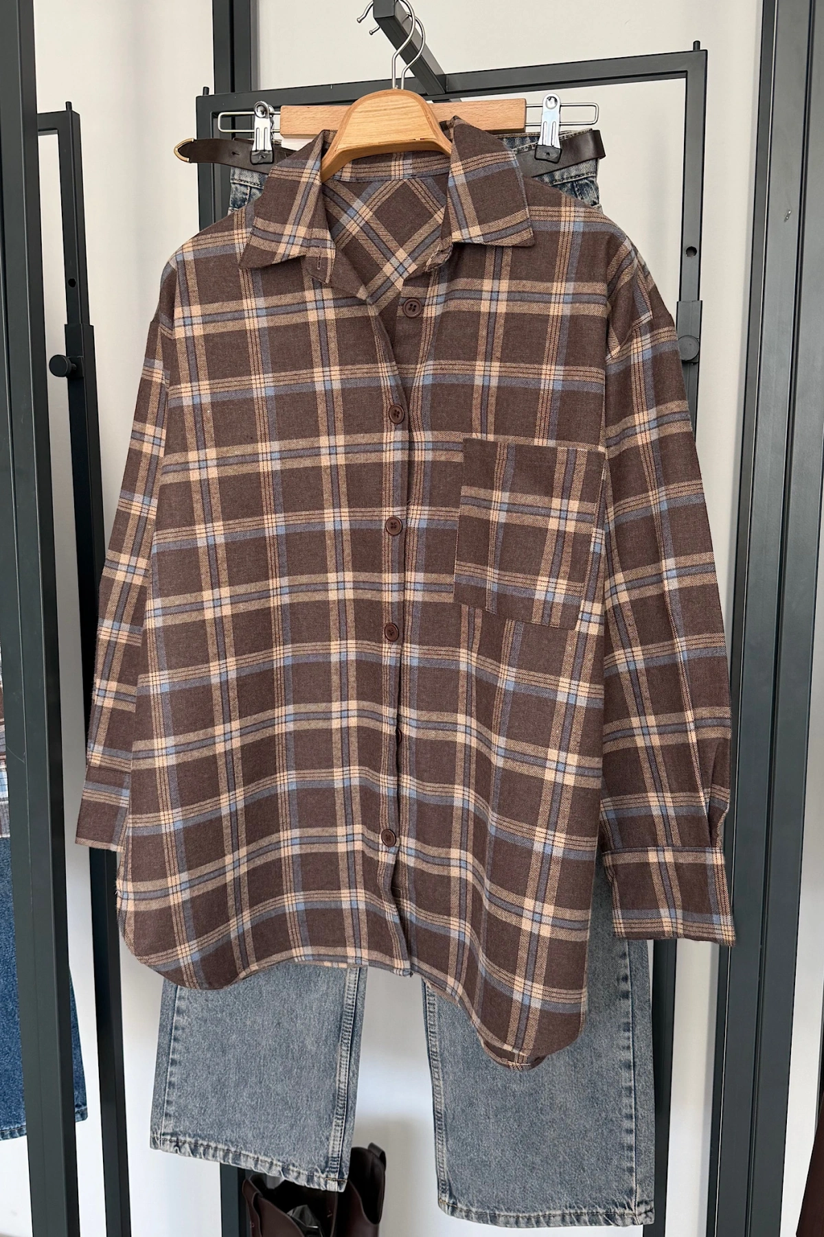 Oversize Ekose Gömlek Koyu Kahve