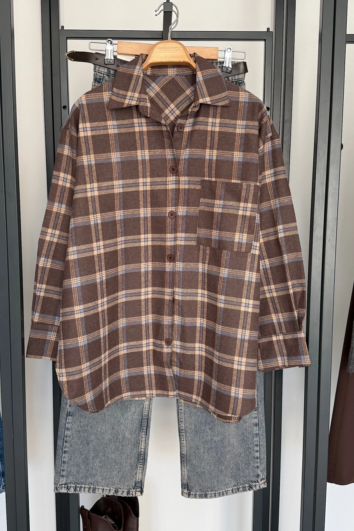 Oversize Ekose Gömlek Koyu Kahve