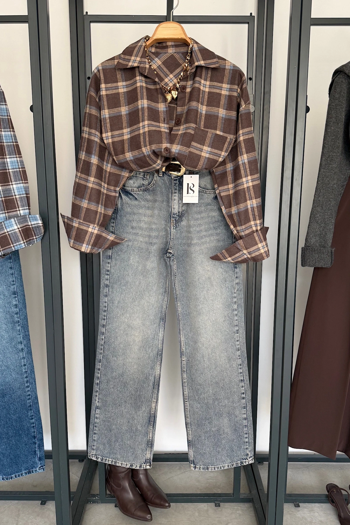 Oversize Ekose Gömlek Koyu Kahve