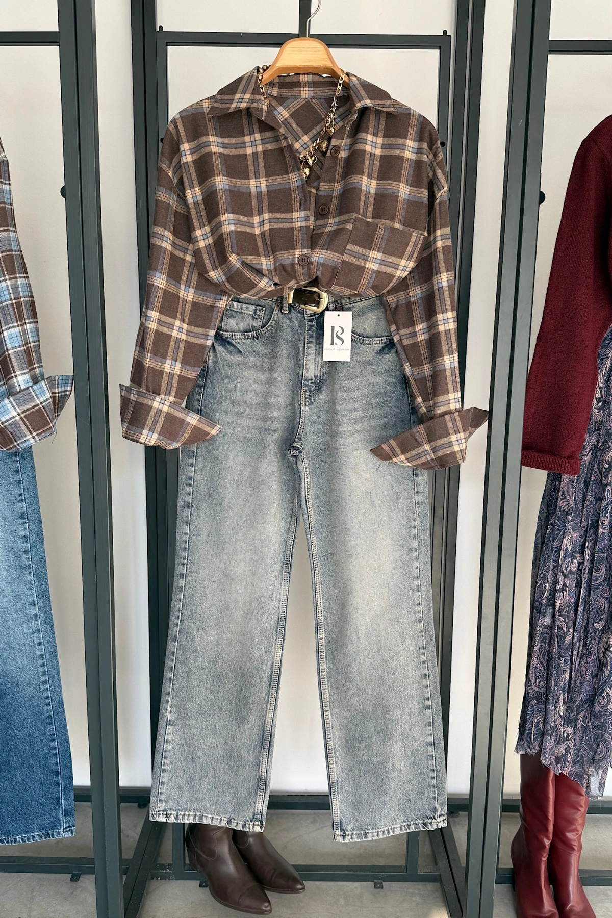 Oversize Ekose Gömlek Koyu Kahve